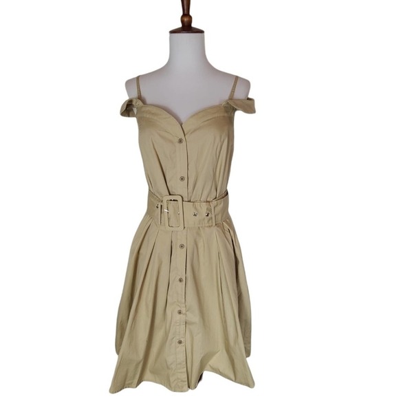 Walter Baker Mustard Cotton Square Neck Belted Y2K Cocktail Mini Dress 2 NWT - Picture 2 of 9